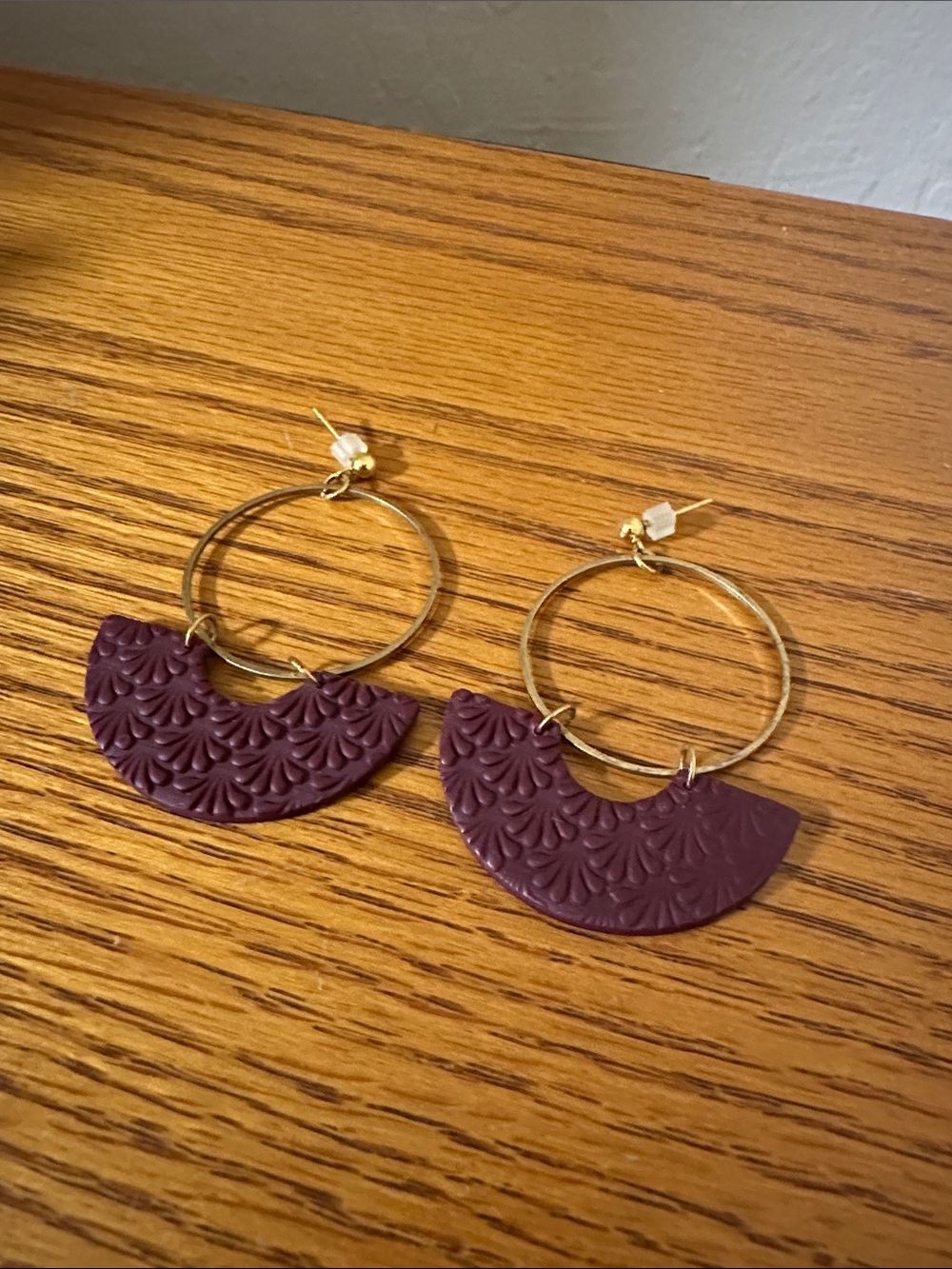 Gold Hoop Earrings with Textured Plum Fan Drops